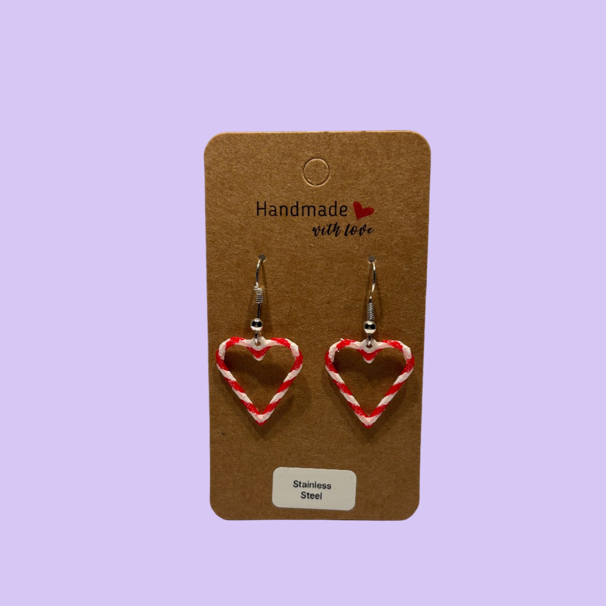 Christmas - Candy Cane Loveheart Earrings - Front View Mounted