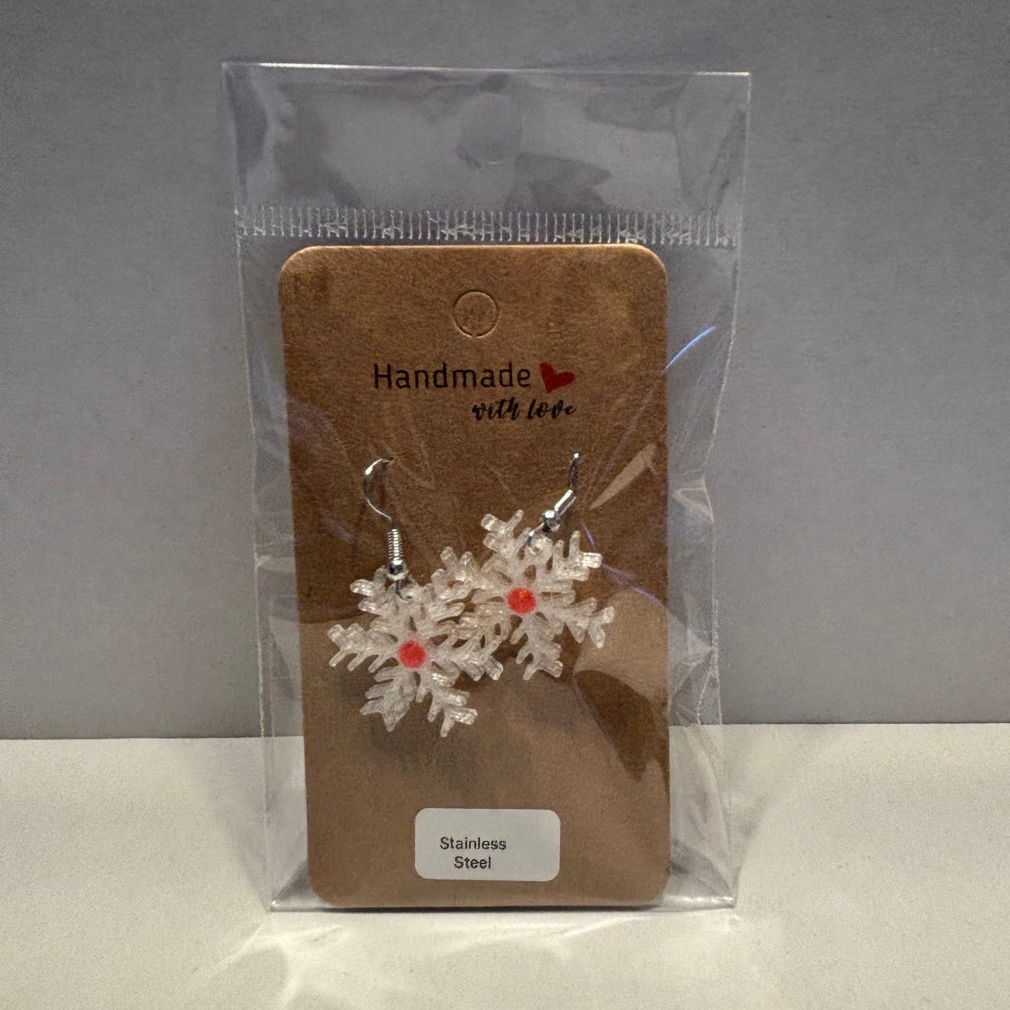Christmas - Earrings - Snowflake Gemstone - Red - Front View Packaged