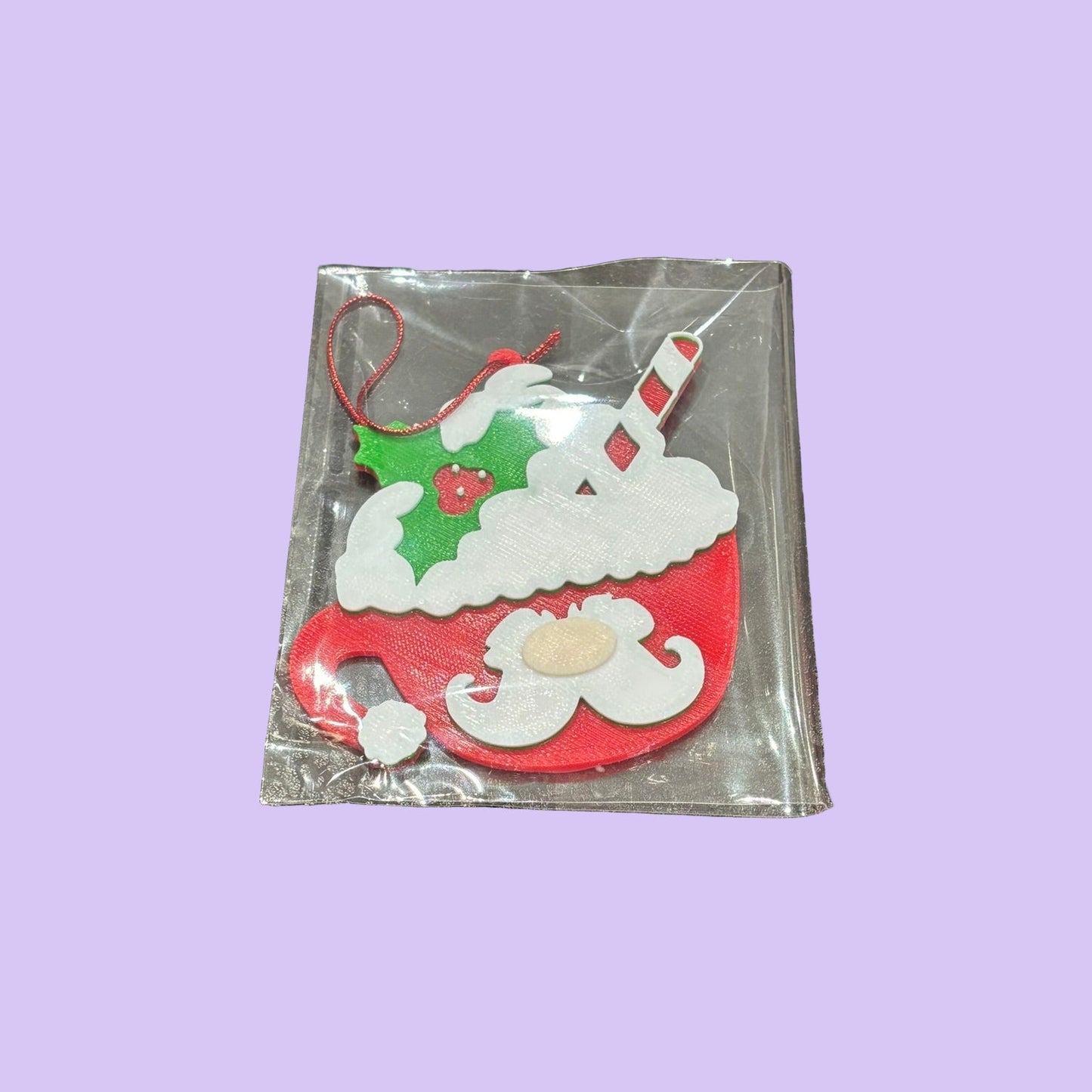 Christmas Hot Cocoa Mug Hanging Ornament - Santa Moustache - Top View Packaged