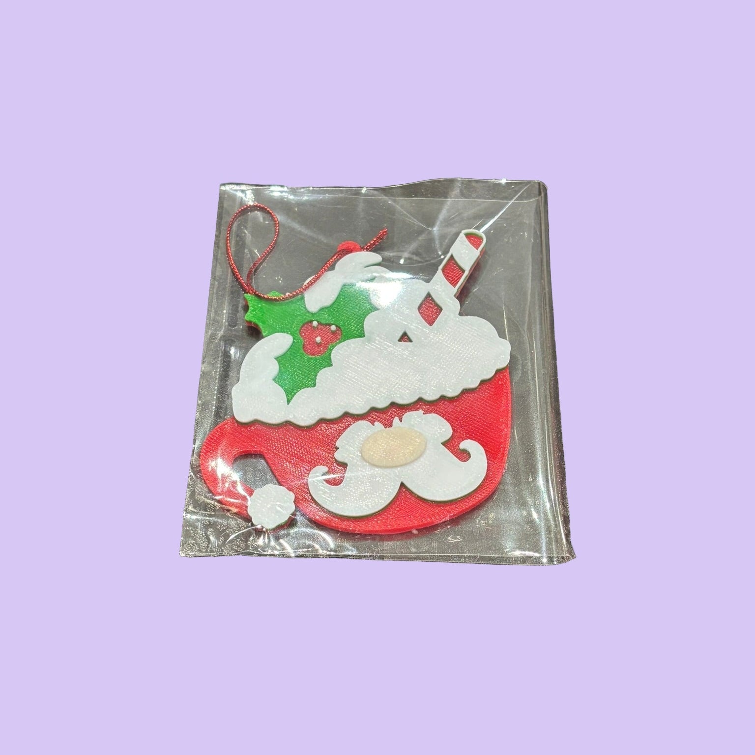 Christmas Hot Cocoa Mug Hanging Ornament - Santa Moustache - Top View Packaged