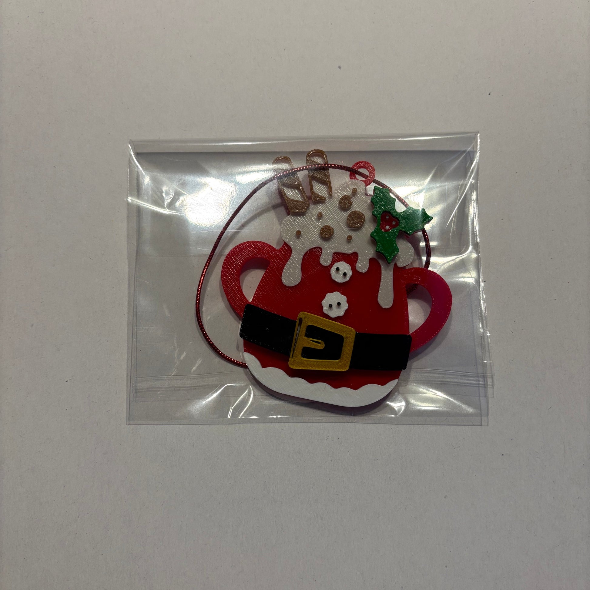 Christmas Hot Cocoa Mug Hanging Tree Ornament - Santa - Front View Packaged 