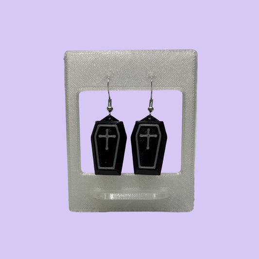 Coffin 3D Earrings - Cross - Front View