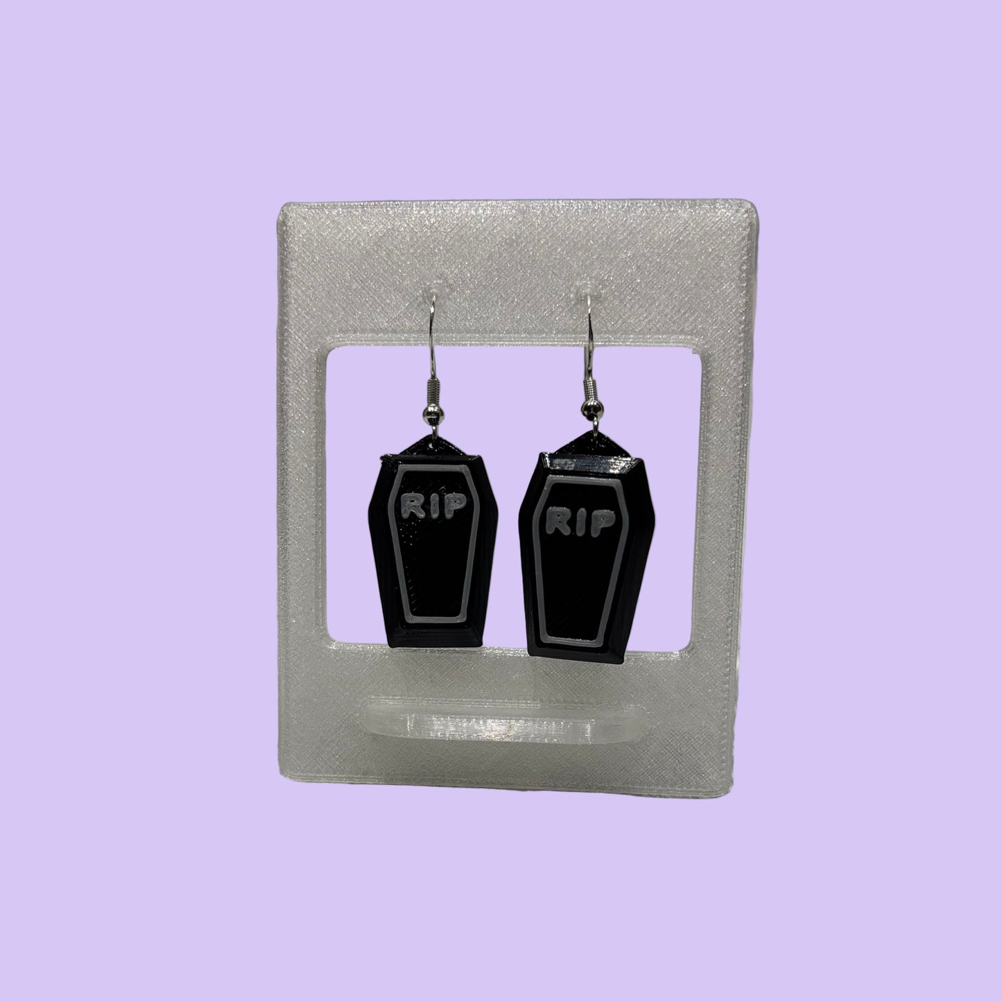 Coffin 3D Earrings - RIP - Front View