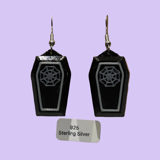 Coffin 3D Earrings - Spiderweb - Front View - Carded