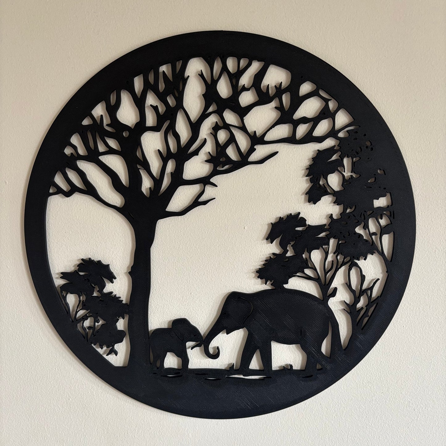 Elephant Under Tree Silhouette Wall Art - Hanging View 