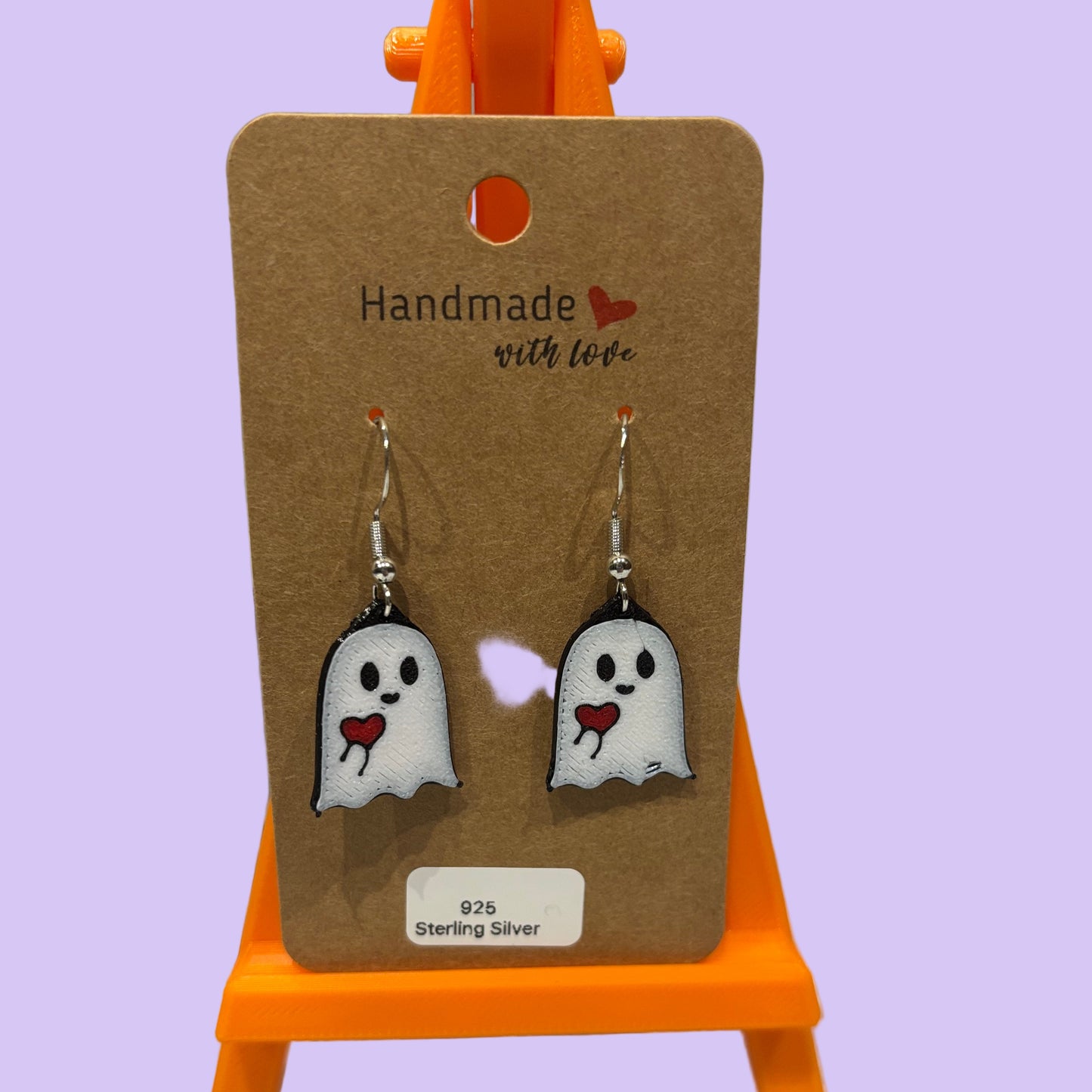 Ghost Holding Heart Hook Earrings - Front View