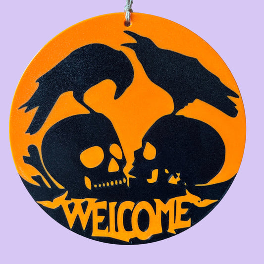 Halloween Sign-Welcome Crows and Skulls-Flush-Front View-Close Up