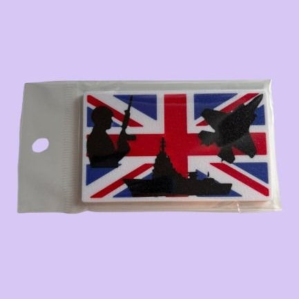 Magnet design with British flag and silhouettes on a light purple background