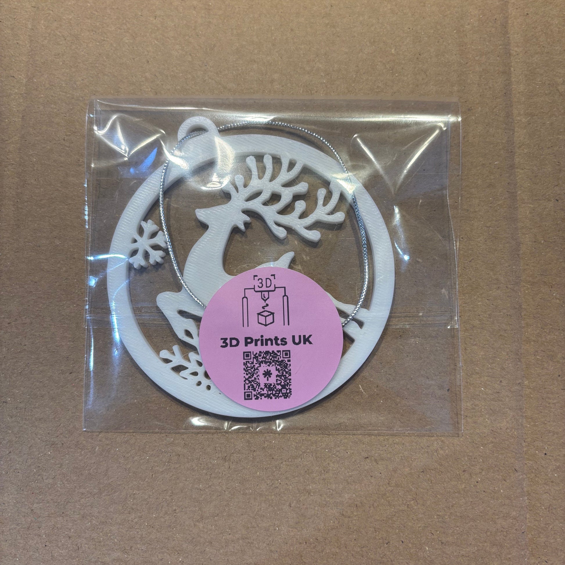 Jumping Reindeer Hanging Ornament - White PLA - Rear View Packaged