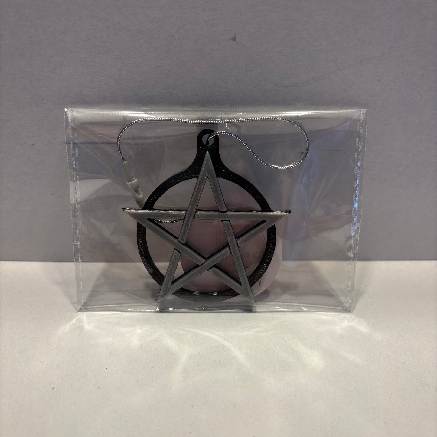 Pentacle Hanging Decoration - Black Silver - Front View Packaged