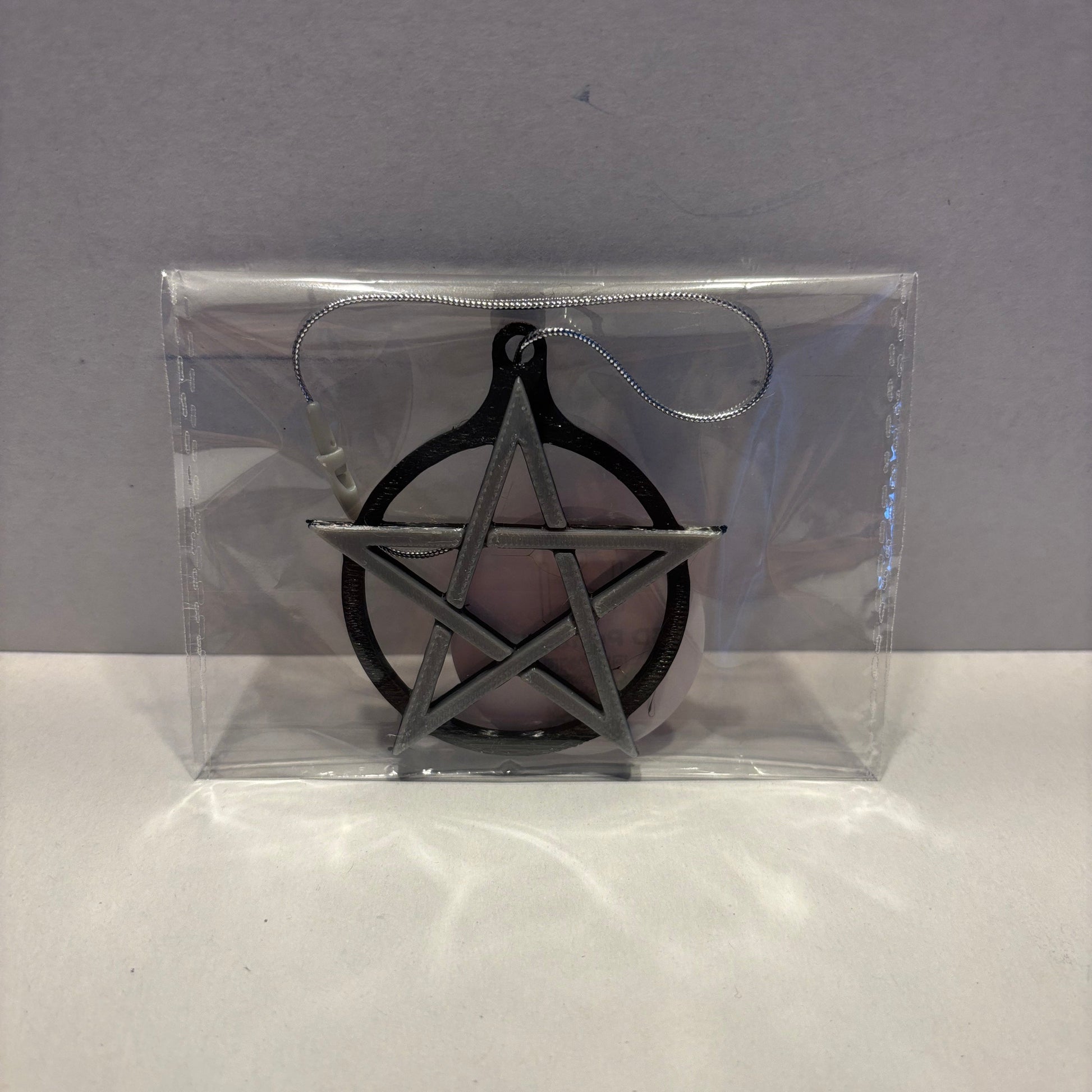 Pentacle Hanging Decoration - Black Silver - Front View Packaged