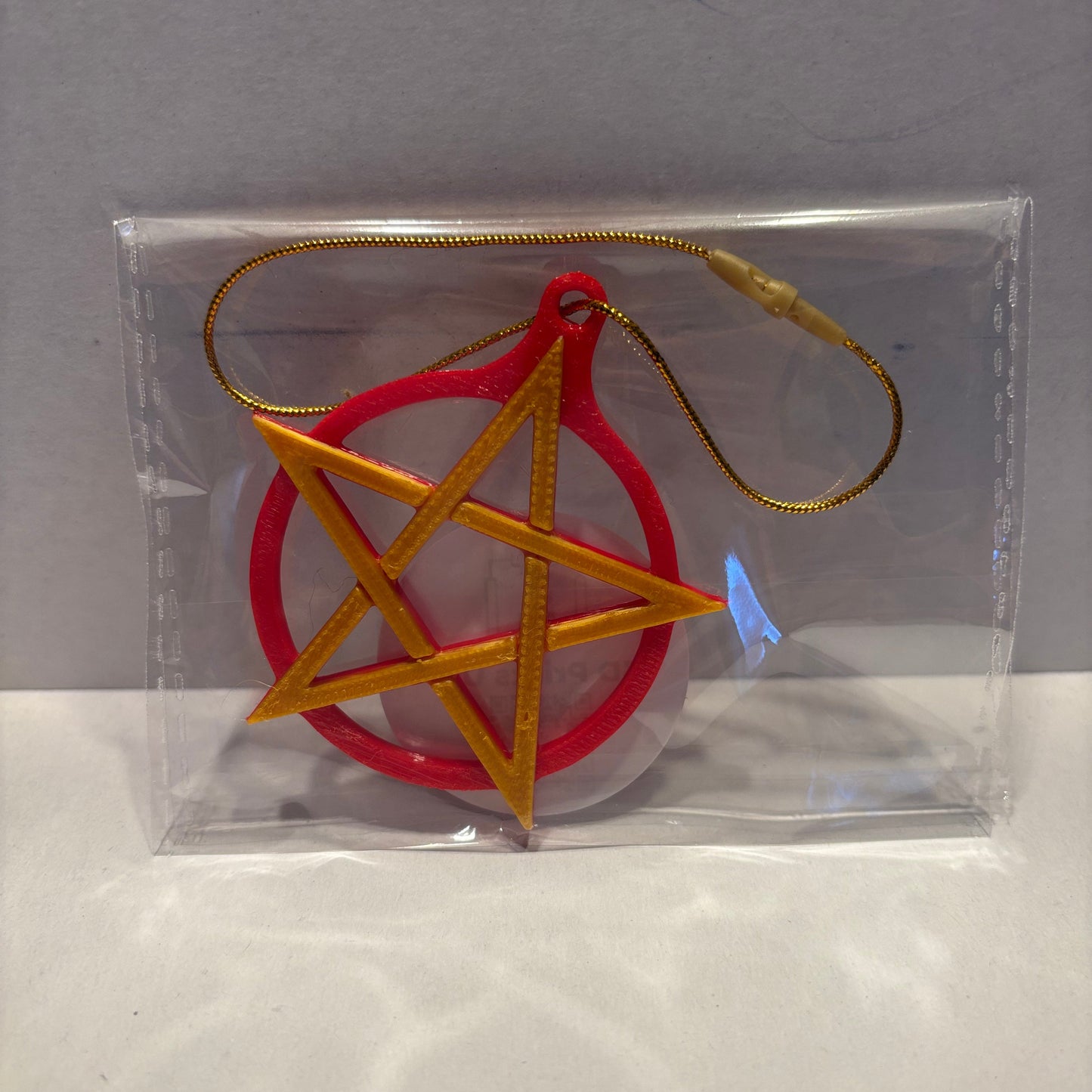 Pentacle Hanging Decoration - Red Gold - Front View Packaged