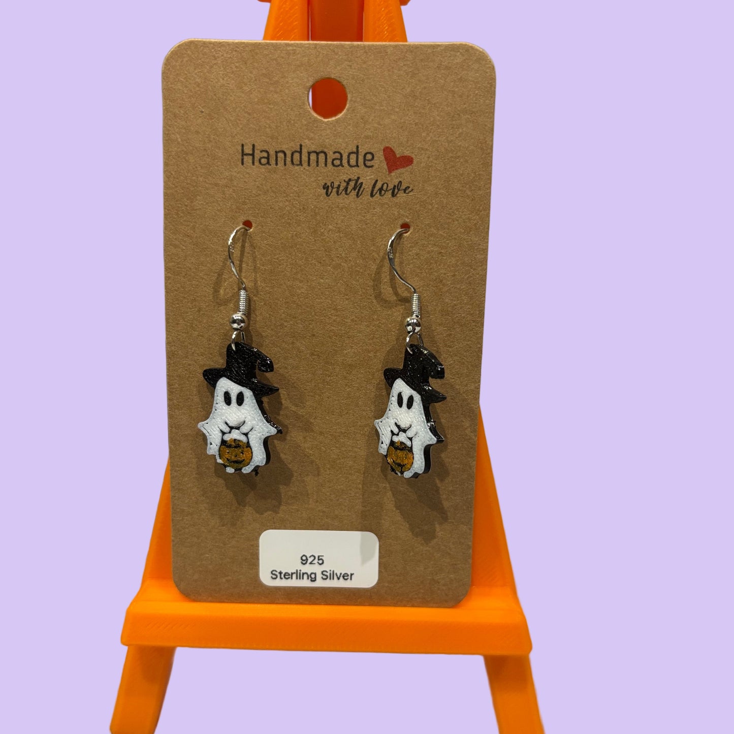 Pumpkin Candy Bowl Ghost Hook Earrings - Front View