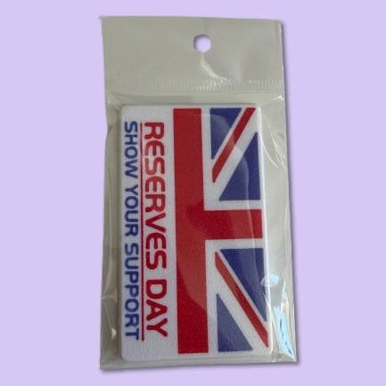 Magnet with Union Jack design and text 'Reserves Day Show Your Support' on a light purple background