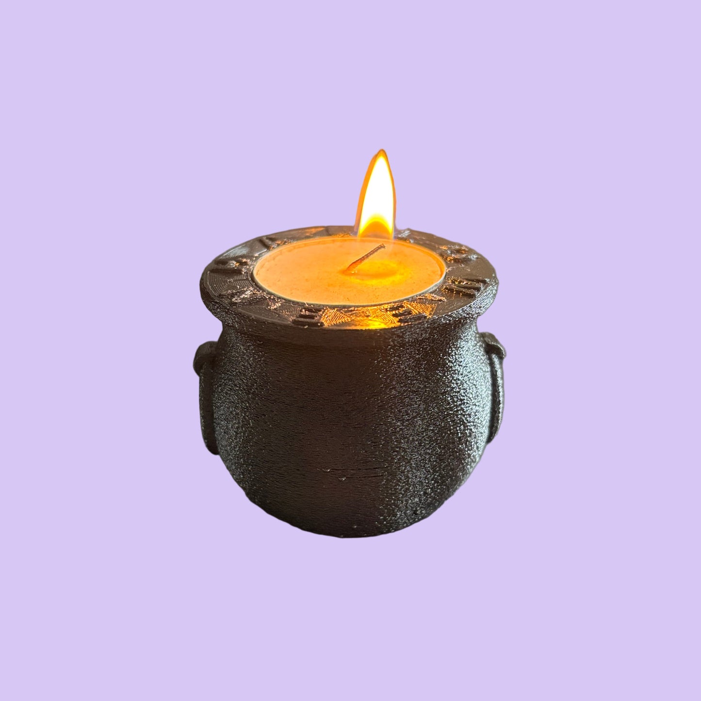 Witch Cauldron Halloween Tealight Holder - Front View Lit