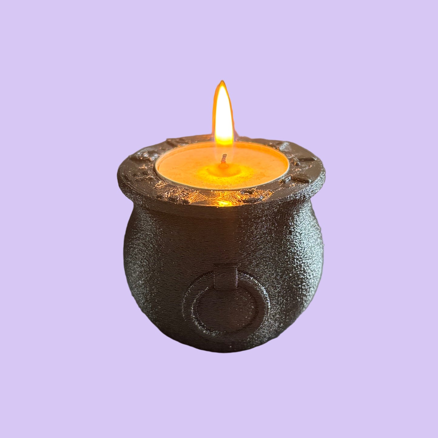 Witch Cauldron Halloween Tealight Holder - Side View2 Lit
