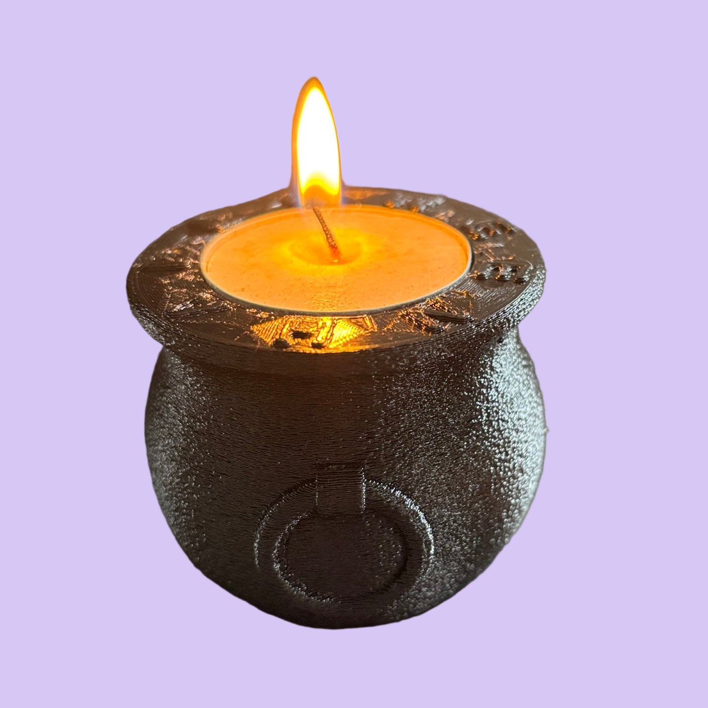 Witch Cauldron Halloween Tealight Holder - Side View Lit