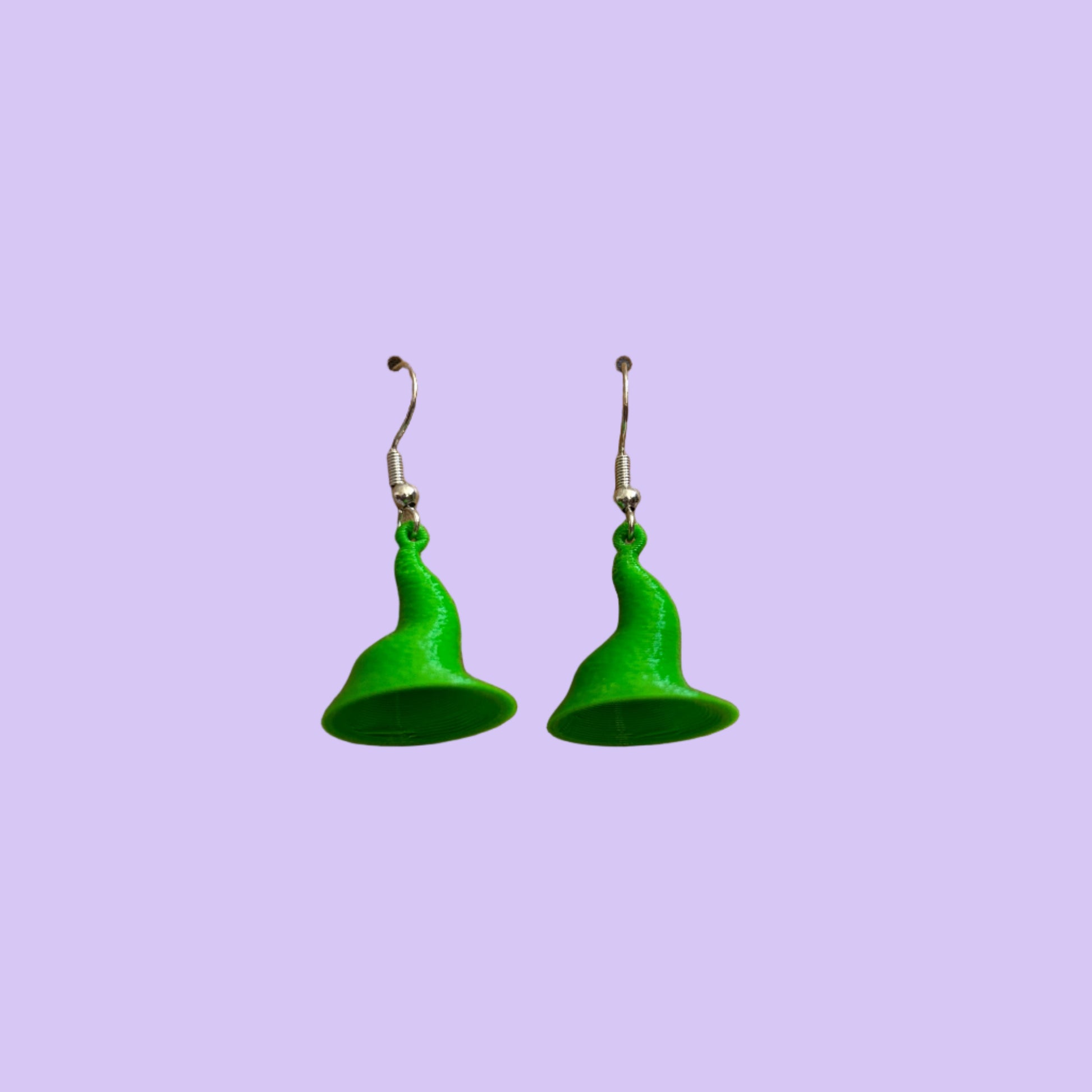 Witches Hat 3D Hook Earrings - Green - Front View Mounted