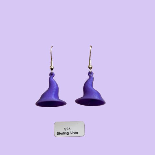 Witches Hat 3D Hook Earrings - Purple - Front View Mounted