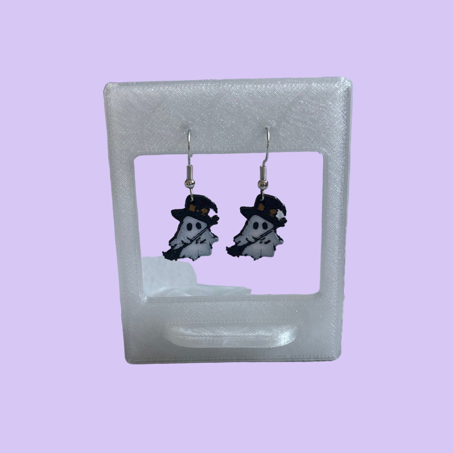 Witches Hat & Broom Ghost Hook Earrings - Front View