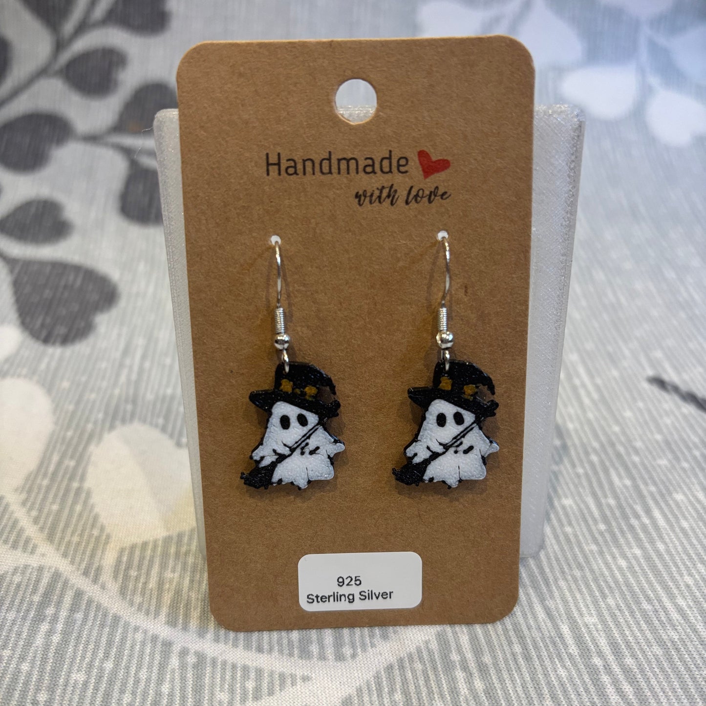 Witches Hat & Broom Ghost Hook Earrings - Front View Card