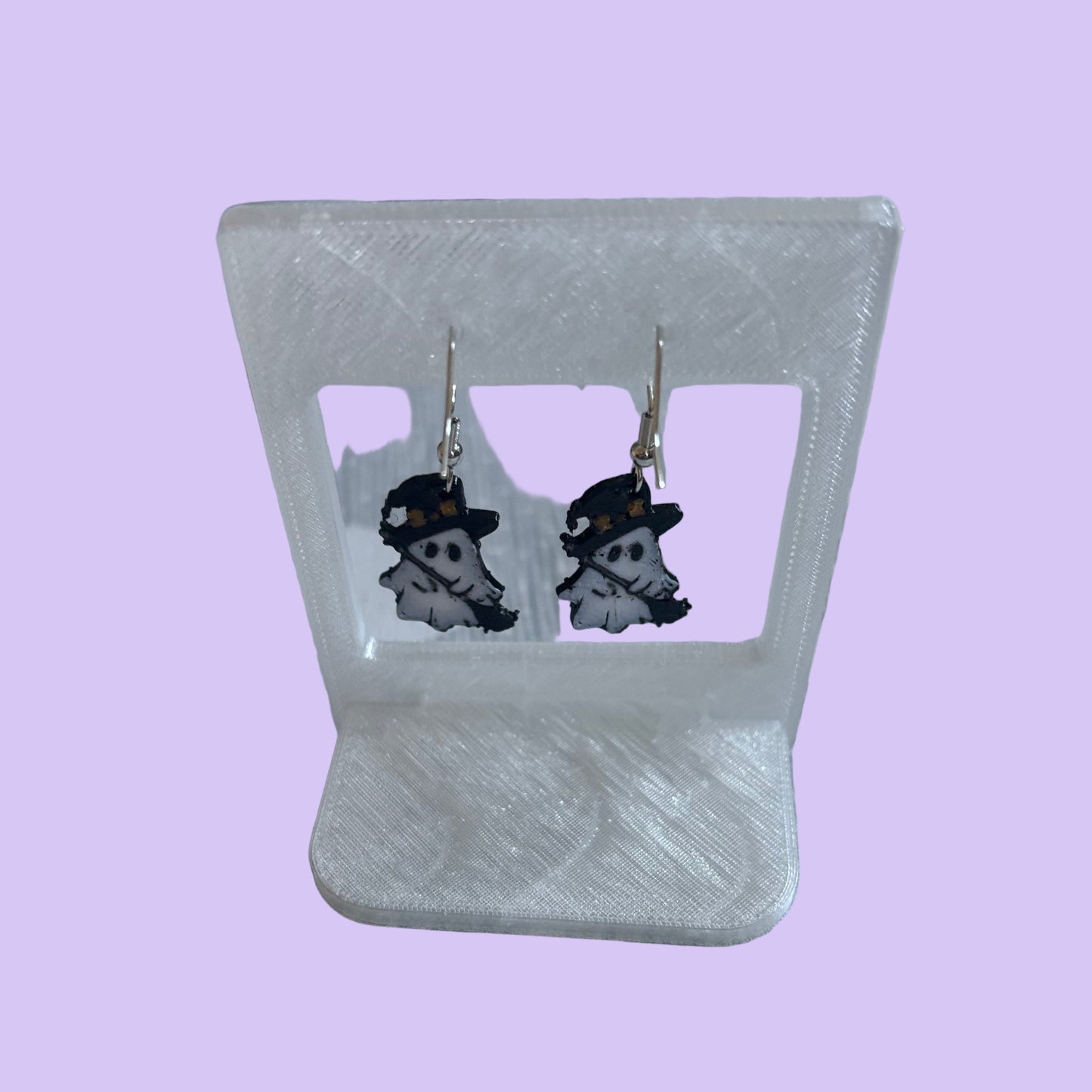 Witches Hat & Broom Ghost Hook Earrings - Rear View