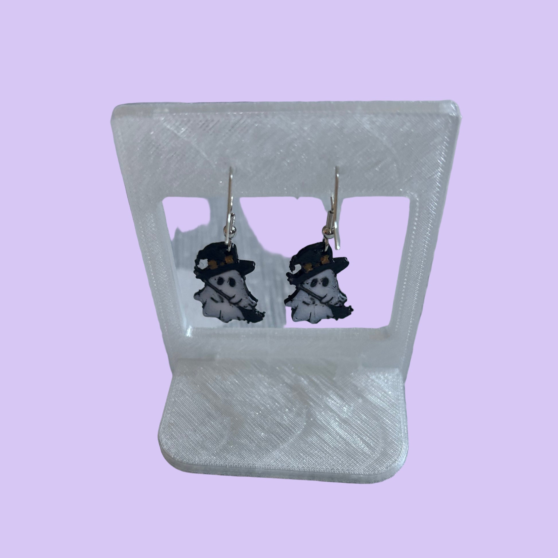 Witches Hat & Broom Ghost Hook Earrings - Rear View
